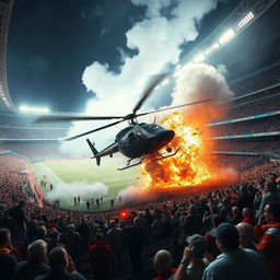 A dramatic and intense scene depicting a helicopter crashing into a large stadium during a sporting event