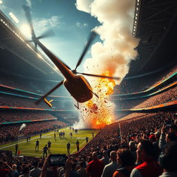 A dramatic and intense scene depicting a helicopter crashing into a large stadium during a sporting event
