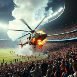 A dramatic and intense scene depicting a helicopter crashing into a large stadium during a sporting event