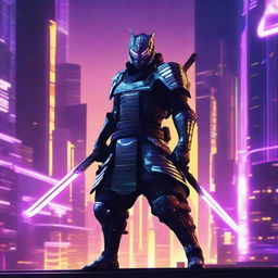 Generate an image of a cybernetic samurai or 'Cybort', equipped with advanced metallic armor and wielding an illuminated energy katana