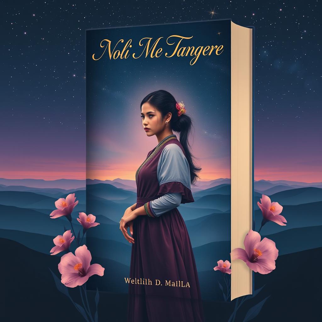 A unique book cover for 'Noli Me Tangere' featuring a hauntingly beautiful depiction of a young woman in traditional Filipino attire, standing with a contemplative expression