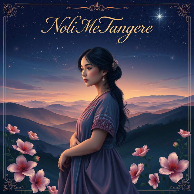 A unique book cover for 'Noli Me Tangere' featuring a hauntingly beautiful depiction of a young woman in traditional Filipino attire, standing with a contemplative expression