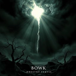A book cover design showcasing a dark, ominous landscape featuring a dramatic crack in the sky, through which light beams fiercely shine down