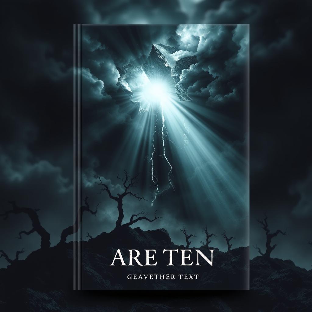 A book cover design showcasing a dark, ominous landscape featuring a dramatic crack in the sky, through which light beams fiercely shine down