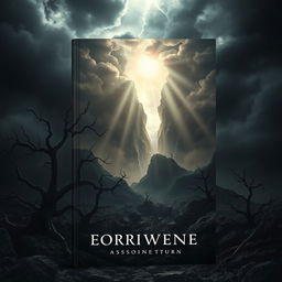 A book cover design showcasing a dark, ominous landscape featuring a dramatic crack in the sky, through which light beams fiercely shine down