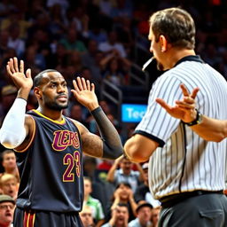 A pivotal moment during a basketball game capturing a referee issuing a technical foul to LeBron James