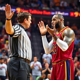 A pivotal moment during a basketball game capturing a referee issuing a technical foul to LeBron James
