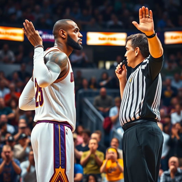 A pivotal moment during a basketball game capturing a referee issuing a technical foul to LeBron James