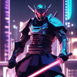 Generate an image of a cybernetic samurai or 'Cybort', equipped with advanced metallic armor and wielding an illuminated energy katana