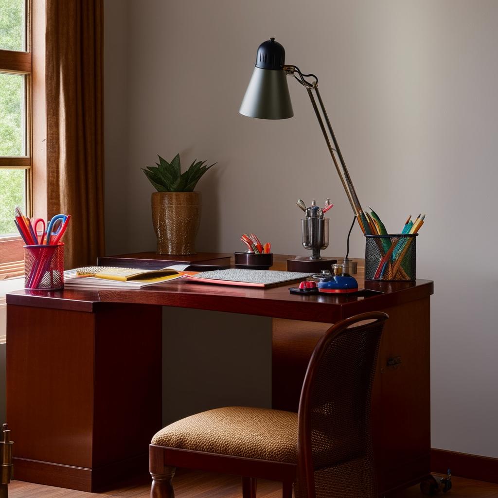 A well-organized study table with a lamp, textbooks, a laptop, and stationery items. The desk is made of mahogany wood with a comfortable chair