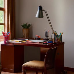 A well-organized study table with a lamp, textbooks, a laptop, and stationery items. The desk is made of mahogany wood with a comfortable chair