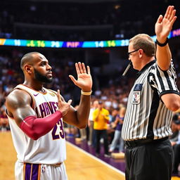 A pivotal moment during a basketball game capturing a referee issuing a technical foul to LeBron James