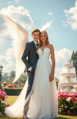 A stunning visual of an ethereal angel and a charming playboy standing together in a lavish garden