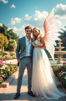 A stunning visual of an ethereal angel and a charming playboy standing together in a lavish garden