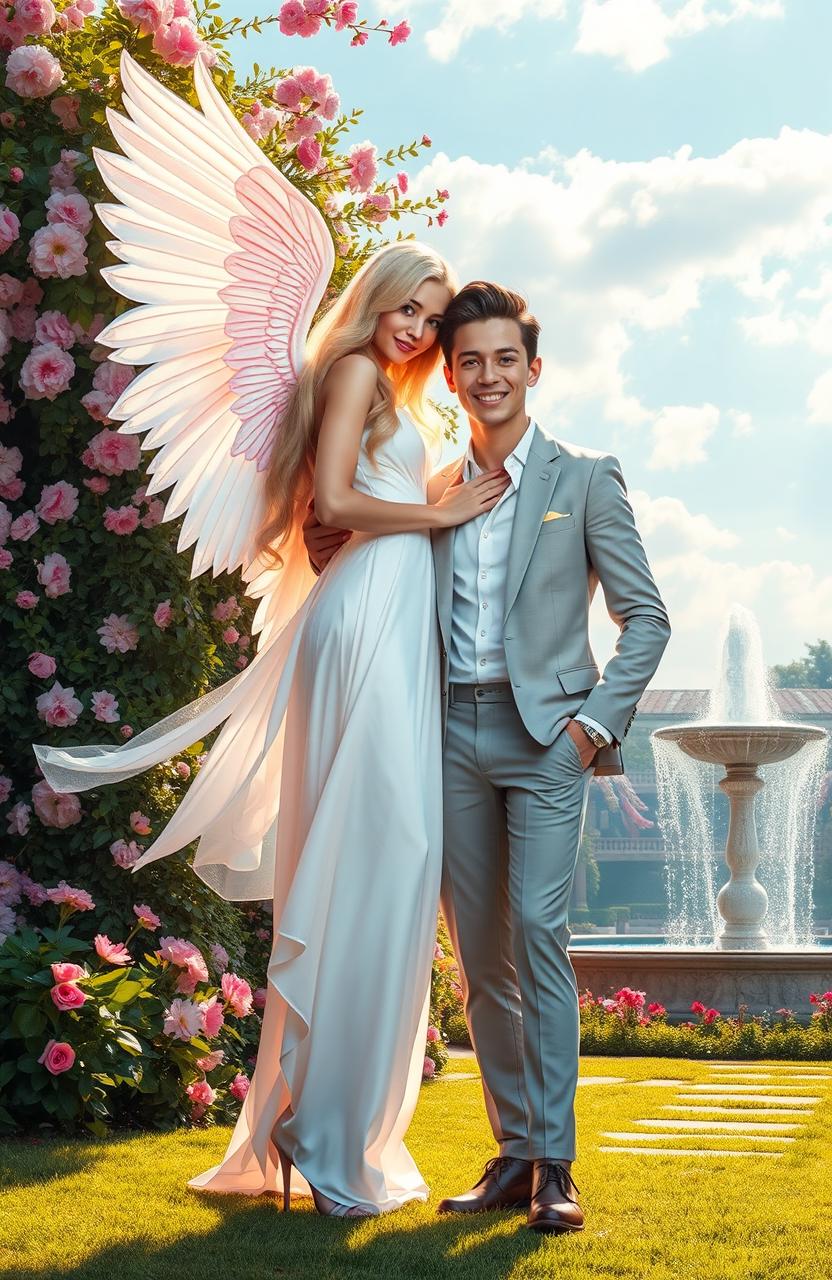 A stunning visual of an ethereal angel and a charming playboy standing together in a lavish garden