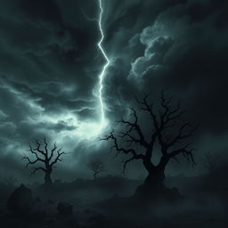 A dark, atmospheric landscape featuring ominous clouds swirling in a turbulent sky, with a prominent crack that emits a soft, ethereal light