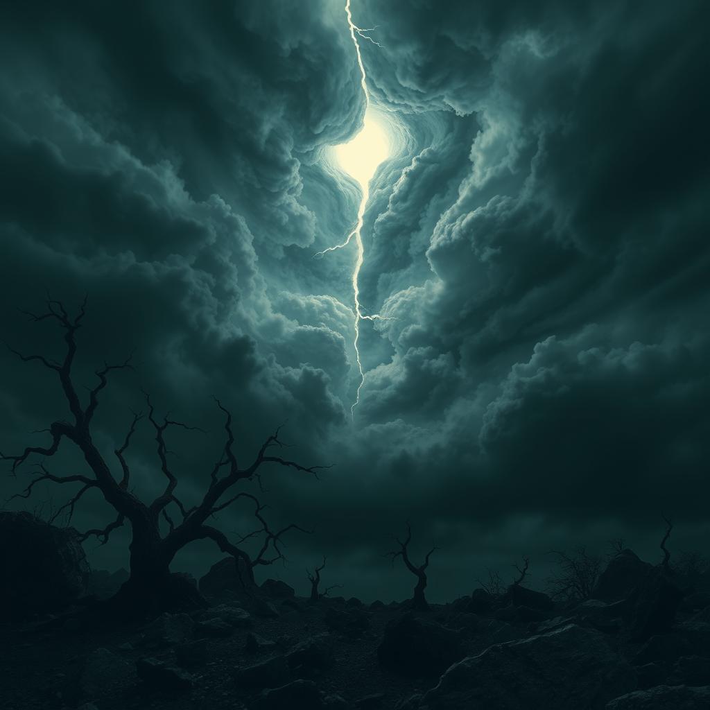 A dark, atmospheric landscape featuring ominous clouds swirling in a turbulent sky, with a prominent crack that emits a soft, ethereal light