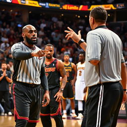 An intense moment in a basketball game capturing a referee officiating as LeBron James is being ejected from the game