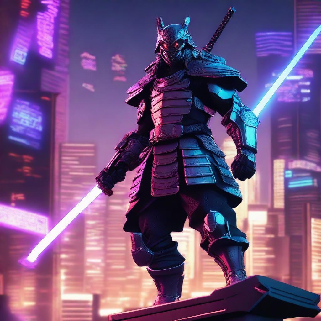 Generate an image of a cybernetic samurai or 'Cybort', equipped with advanced metallic armor and wielding an illuminated energy katana