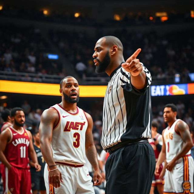 An intense moment in a basketball game capturing a referee officiating as LeBron James is being ejected from the game