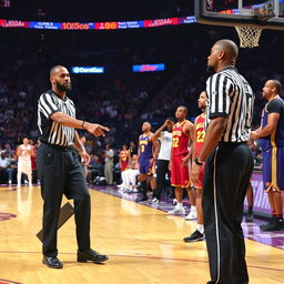 An intense moment in a basketball game capturing a referee officiating as LeBron James is being ejected from the game