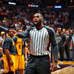 An intense moment in a basketball game capturing a referee officiating as LeBron James is being ejected from the game