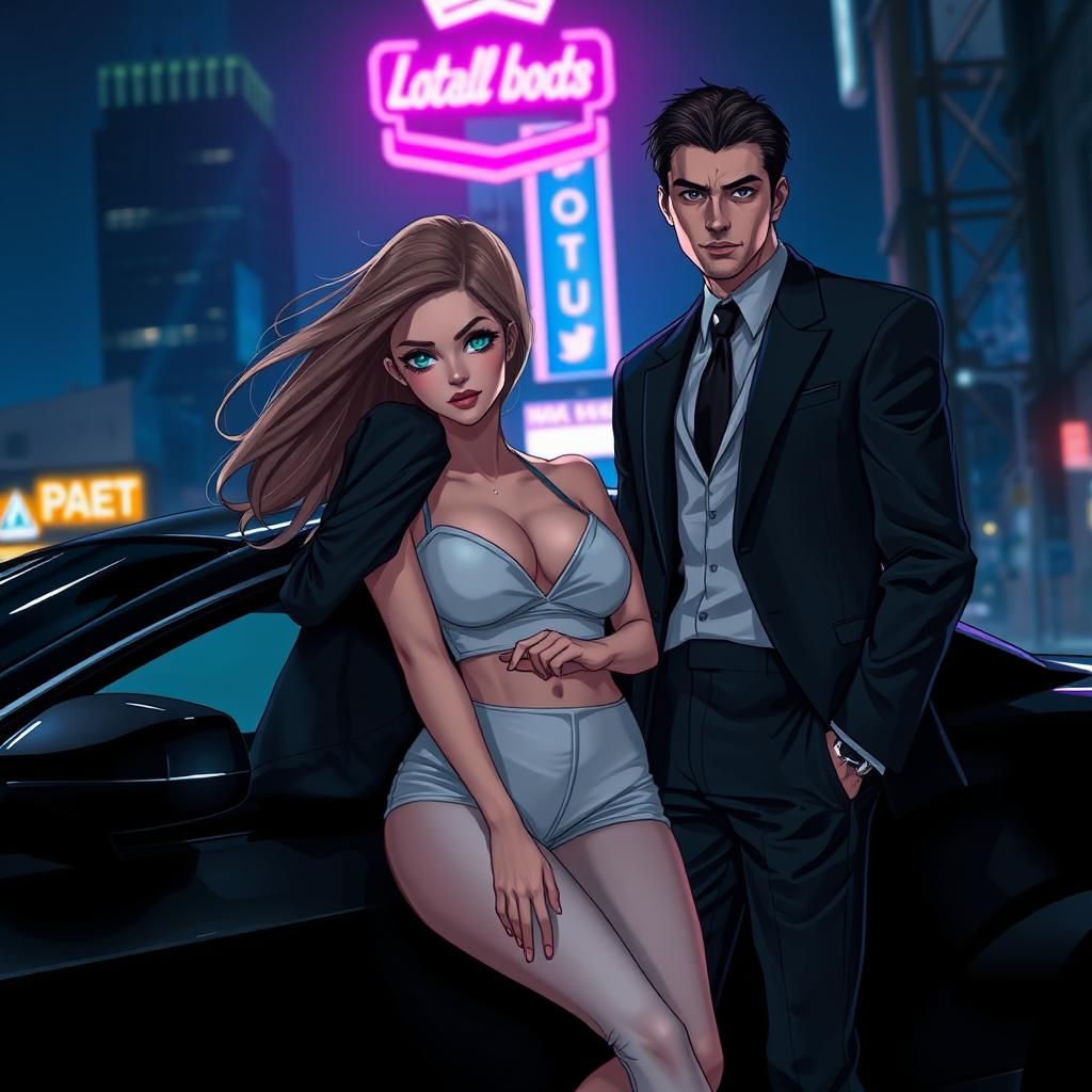 A captivating scene depicting a beautiful girl and a mafia boy in an urban setting at night