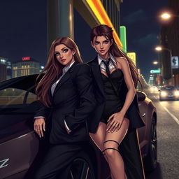 A captivating scene depicting a beautiful girl and a mafia boy in an urban setting at night