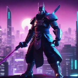 Generate an image of a cybernetic samurai or 'Cybort', equipped with advanced metallic armor and wielding an illuminated energy katana