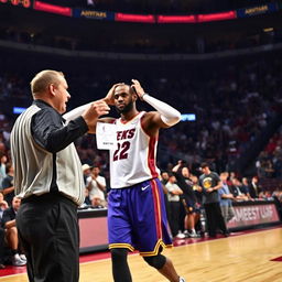 An intense scene during a basketball game capturing LeBron James being ejected