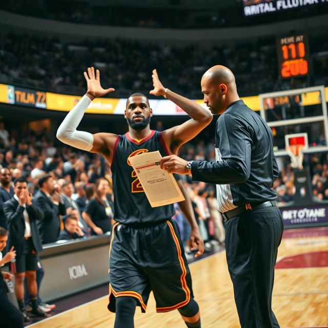 An intense scene during a basketball game capturing LeBron James being ejected