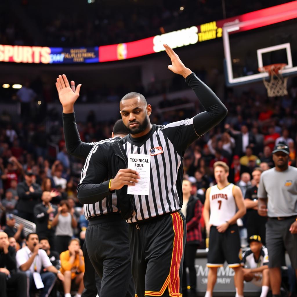 An intense scene during a basketball game capturing LeBron James being ejected