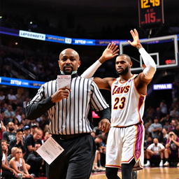An intense scene during a basketball game capturing LeBron James being ejected