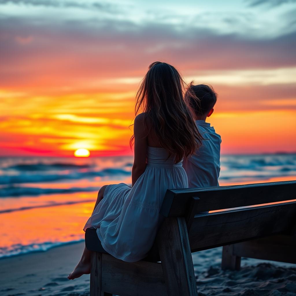 A picturesque sunset at a beach scene featuring a beautiful girl and a boy sitting on a wooden bench, gazing at the vibrant colors of the sunset reflected in the water