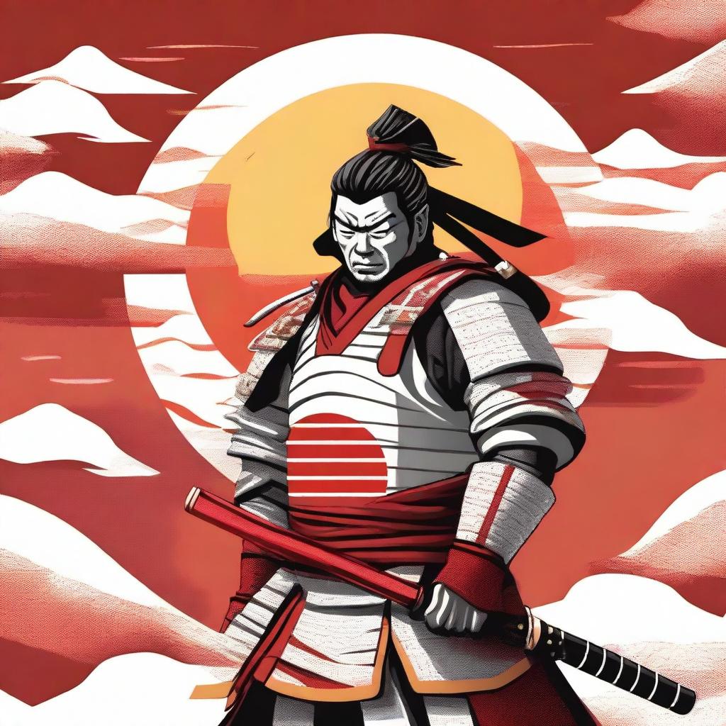 Generate an image of a stoic samurai in striking red and white armor, wielding a golden katana