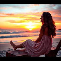 A picturesque sunset at a beach scene featuring a beautiful girl and a boy sitting on a wooden bench, gazing at the vibrant colors of the sunset reflected in the water