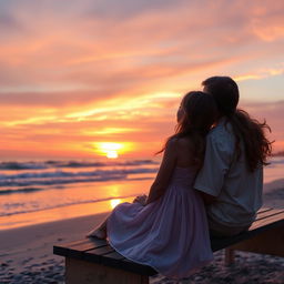 A picturesque sunset at a beach scene featuring a beautiful girl and a boy sitting on a wooden bench, gazing at the vibrant colors of the sunset reflected in the water