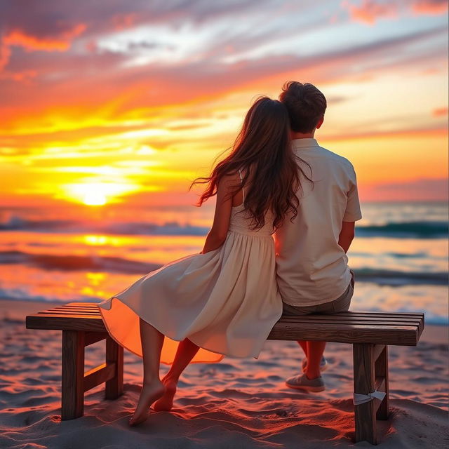 A picturesque sunset at a beach scene featuring a beautiful girl and a boy sitting on a wooden bench, gazing at the vibrant colors of the sunset reflected in the water