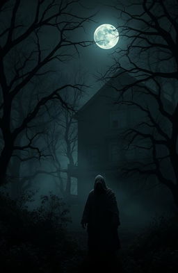 A chilling and atmospheric horror scene set in a dimly lit forest at night