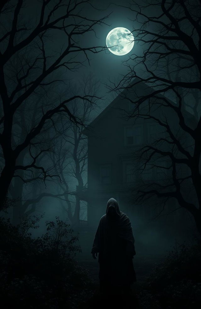 A chilling and atmospheric horror scene set in a dimly lit forest at night