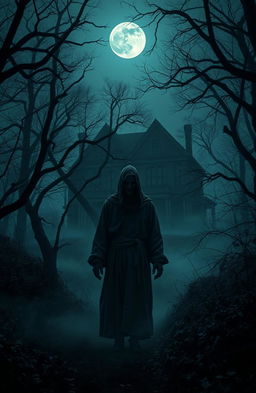 A chilling and atmospheric horror scene set in a dimly lit forest at night