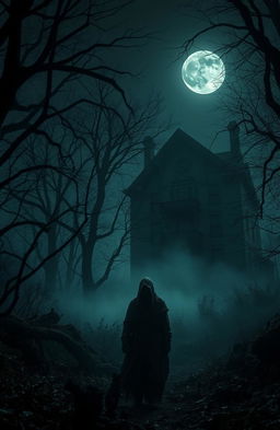 A chilling and atmospheric horror scene set in a dimly lit forest at night