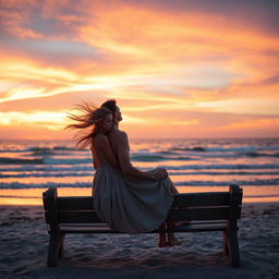 A breathtaking sunset at a beach, with a beautiful girl and a handsome man sitting closely on a weathered wooden bench, immersed in the stunning view
