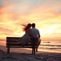 A breathtaking sunset at a beach, with a beautiful girl and a handsome man sitting closely on a weathered wooden bench, immersed in the stunning view