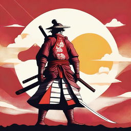 Generate an image of a stoic samurai in striking red and white armor, wielding a golden katana