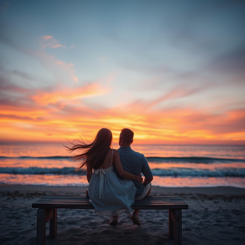 A breathtaking sunset at a beach, with a beautiful girl and a handsome man sitting closely on a weathered wooden bench, immersed in the stunning view