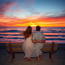 A breathtaking sunset at a beach, with a beautiful girl and a handsome man sitting closely on a weathered wooden bench, immersed in the stunning view