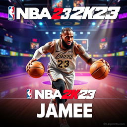 A dynamic and stylish poster featuring LeBron James in a virtual gaming environment inspired by NBA 2K23