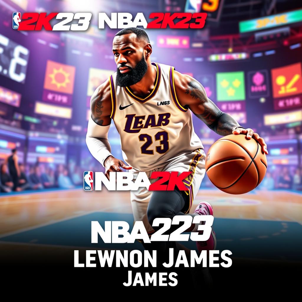 A dynamic and stylish poster featuring LeBron James in a virtual gaming environment inspired by NBA 2K23