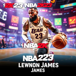 A dynamic and stylish poster featuring LeBron James in a virtual gaming environment inspired by NBA 2K23